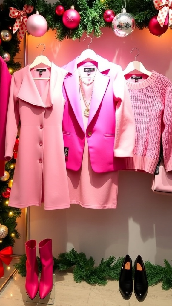 A collection of pink Christmas outfits displayed with festive decorations.